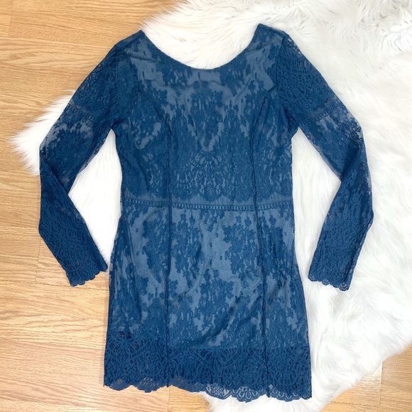Free People Blue Lace Long Sleeve Dress 